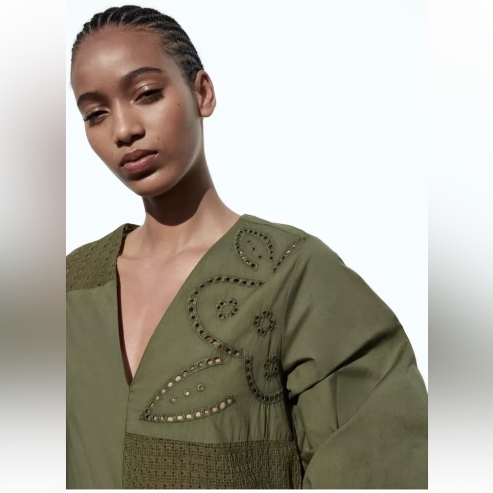 Zara Olive Patchwork V-Neck Tiered Midi Dress - Picture 9 of 16